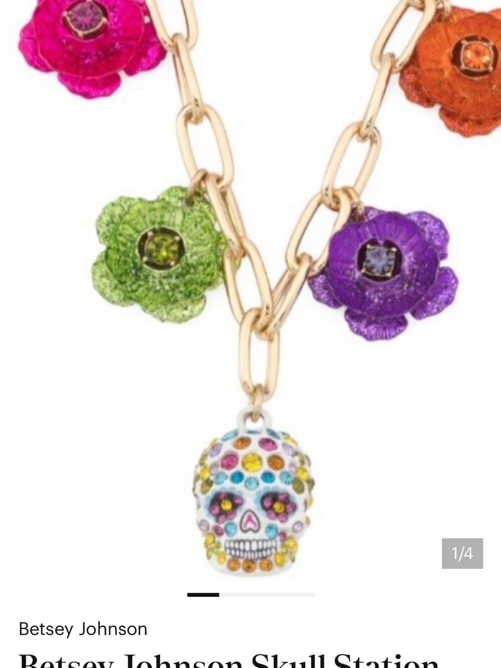 NWT Betsey Johnson Gold Chain Necklace w/ Multicolor Flower Charms & Crystal Sku - Picture 4 of 4